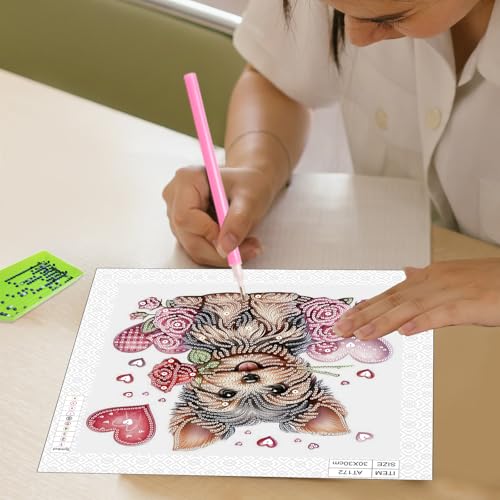 Image of AiYuanzsh 5D Special Shape Diamond Art Kits for Adults, Valentine Puppy Diamond Painting Kit with Hearts and Roses, Crystal Rhinestone Diamond Art for Wall Decor Gift, 12x12 Inch