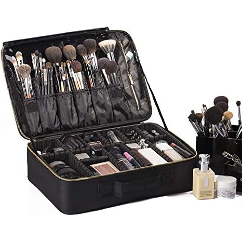 ROWNYEON Makeup Bag Cosmetic Makeup Train Case Artist Makeup Organizer Professional Portable Storage Bag for Women Girl Waterproof EVA Adjustable Dividers Large Black Cover