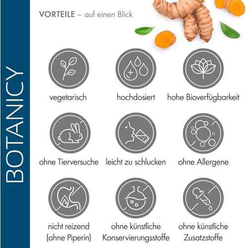 BOTANICY Curcuma forte - 30 Kurkuma Kapseln - Flüssiges NovaSOL Curcumin plus Vitamine C und D - Hochdosiert, Hohe Bioverfügbarkeit, Ohne Piperin - Laborgeprüft in Deutschland