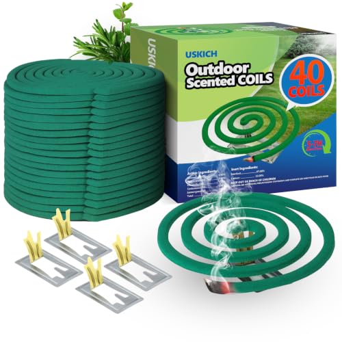 Natural Essential Oil Scented Coils for Outdoor Use, Fresh Aroma, Burns 5-7 Hours, 40 Coils & 4 Stands for Patio Backyard