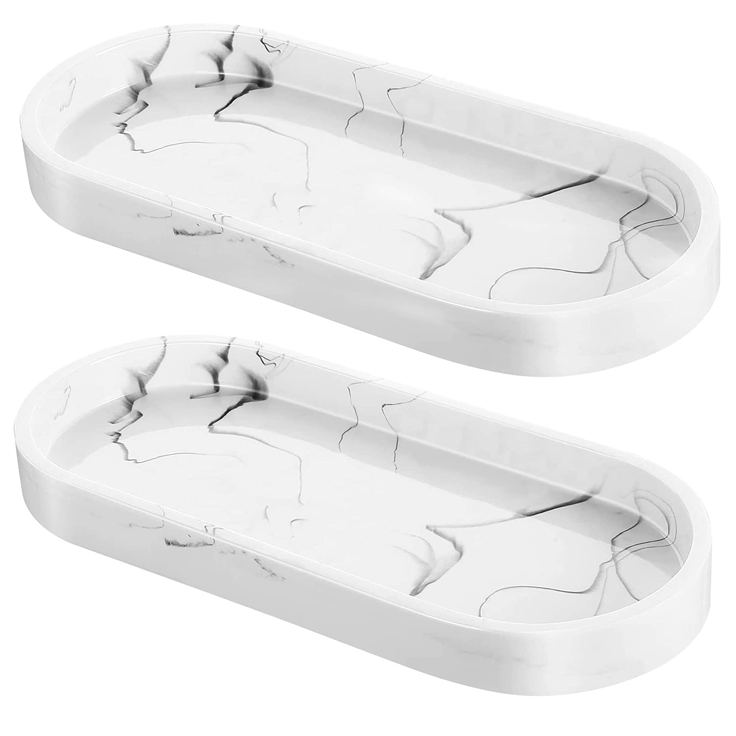 2 Stück Harz Tabletts Oval - Badezimmer Organizer, Weiß Marmor Optik, 25x11 Cm Für Deko & Seife