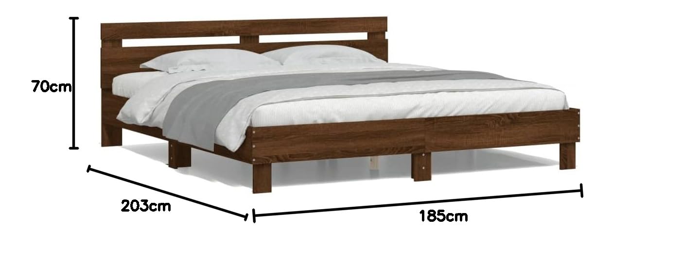 Festnight Marco de Cama 180 x 200 cm con Cabecero Estructura Cama Marrón Roble Cama con Luces LED y Somier Soporte de Láminas de Madera Base De Cama