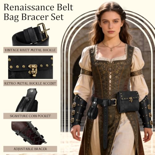 Image of Renaissance Belt Pouch Medieval Viking Leather Bracers Set for LARP
