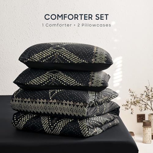 Image of Wake In Cloud - Boho Comforter Set, Farmhouse Bohemian Western Aztec Neutral Aesthetic, Soft Lightweight Bedding, 3 Pieces, Charcoal Black, King Size