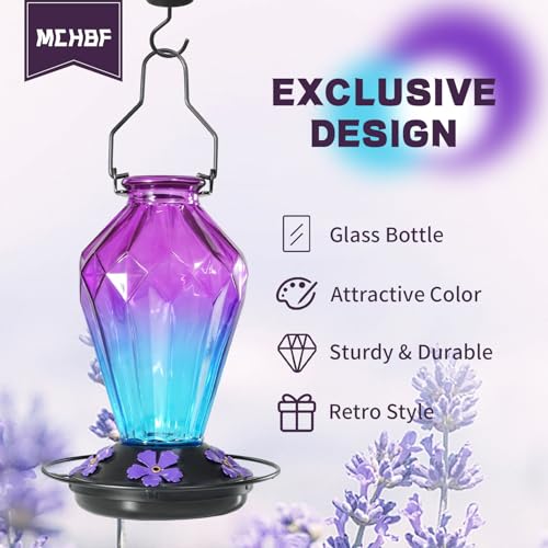 Image of 2 Pack Glass Hummingbird Feeder for Outdoors Hanging, 25Oz Humming Bird Nectar Feeder, Perch, 5 Flower Feeding Ports, Leak Proof Base, Hook for Outside Garden Backyard, Diamond Purple