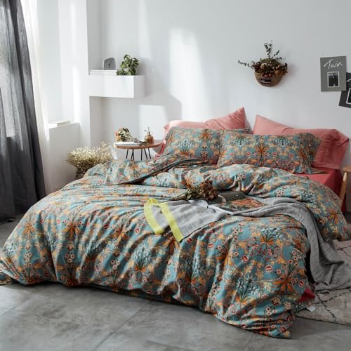VM VOUGEMARKET Green Flower Duvet Cover Set Twin,Aesthetic Boho Bedding Set Percale Cotton Royal Floral Comforter Cover with Zipper Closure