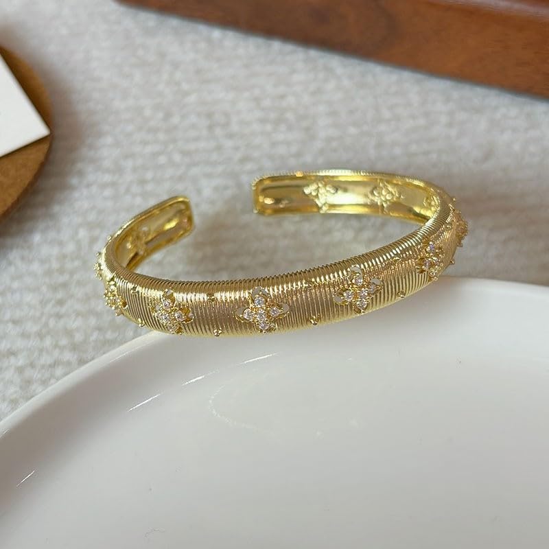 Gold Bracelets for Women, Silver Gold Stripe Bangle Bracelet Cuff Flower Shaped With Simulated Diamond Trendy Mixed Metal Open Gift for Mom Her Jewelry - Image 4