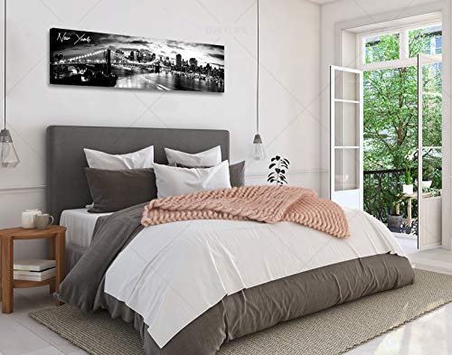 Image of New York Skyline Canvas Wall Art, B&W Brooklyn Bridge Print 13.8x47.3 | NYC Cityscape Print, Bedroom Office Decor, Canvas Wrapped Frame, Wide Panoramic Art, Ready Hang, Urban NY Wall Decor
