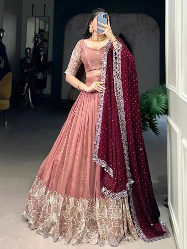 Image of Suppar Sleave Women's Embroidered Vichitra Silk Lehenga Choli Dupatta Set Semi-Stitched Blouse and Fit & Flare Style