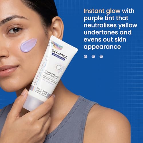Image of DERMDOC SPF 50 Ultra Violet Brightening Tinted Sunscreen with 4% Niacinamide, 100g | PA +++ | With Purple Tint | Evens Skin Tone | Lightweight | UVA & UVB Protection | Zero White Caste | Strengthens Skin Barrier | Ultra-Light & Non-Greasy