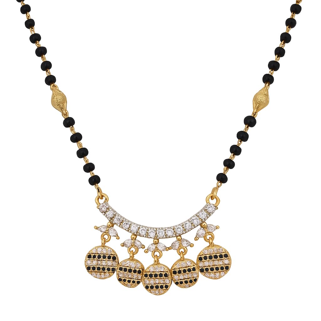 vien Designer Gold Plated Mangalsutra for Women | Traditional Reguar Wear CZ Stone | Lightweight Black Beads Necklace with Hanging Coin Pendant | Trendy Wedding & Festive Jewellery for Girls-picture-25