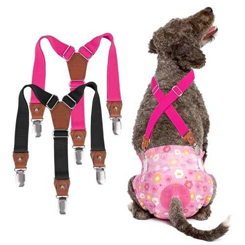 Image of Pet Soft Dog Suspenders 2 Pieces Female Dog Diaper Suspenders for Dogs Diaper Keeper Suspender for Dogs Skirt, Doggy Dress (Black & Pink, S /M)