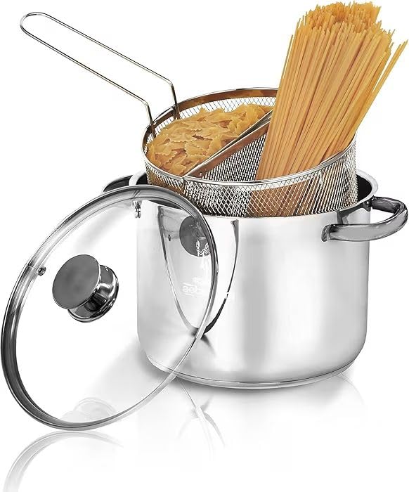 SPAGHETTIERA CON DOPPIO CESTELLO INCLUSO (TRIPLO FONDO A INDUZIONE) Tutto In ACCIAIO INOX Diametro 22cm Capacità 6 lt MADE IN ITALY