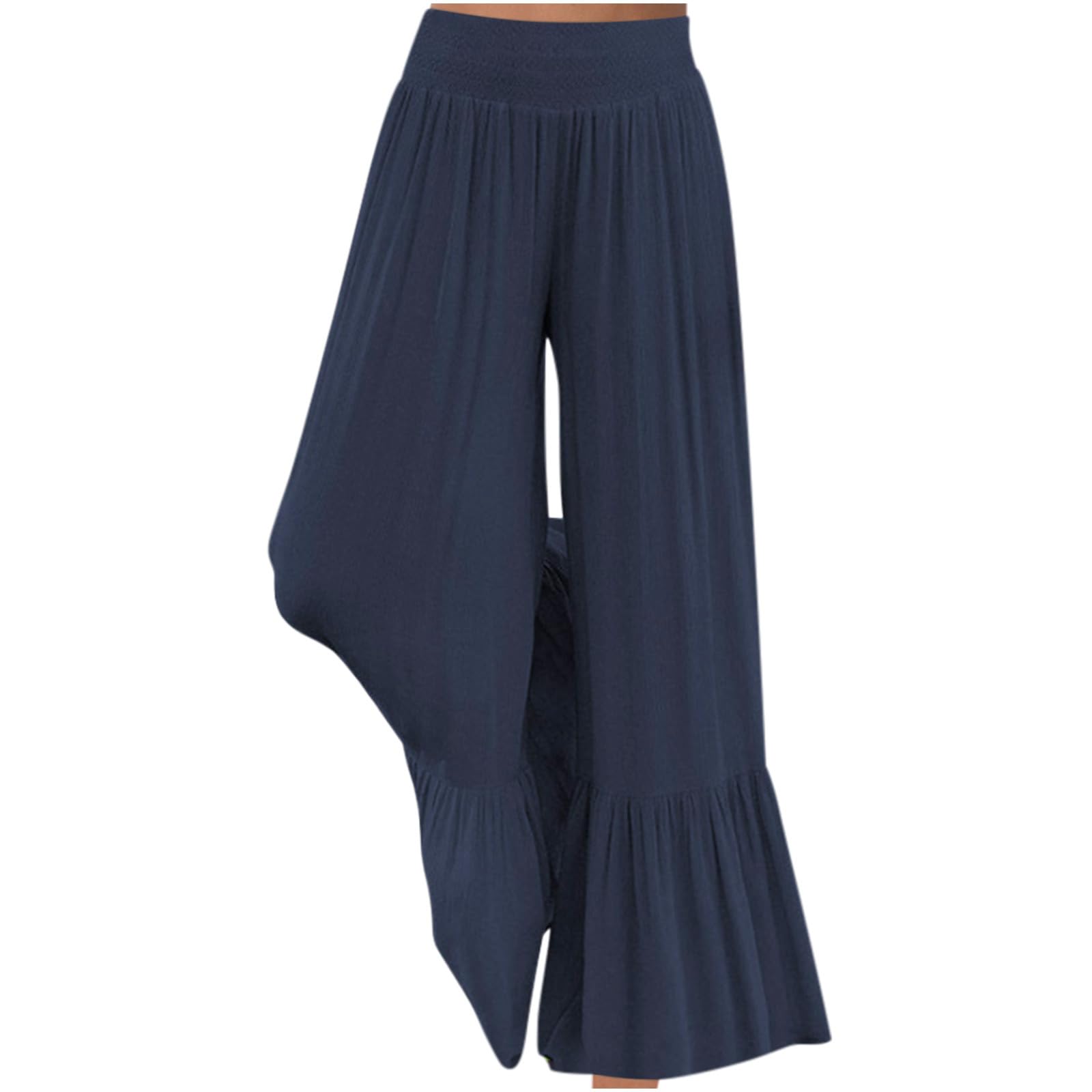 NATHGAM Womens Solid Wide Straight Leg Flared Pants Summer Lightweight Cotton Linen Elastic High Waist Soft Comfy Trousers