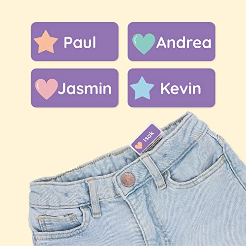 Teddylabels - 120 Personalized Name Labels (1.2” x 0.5”) to Use on Clothes and Gear. Waterproof and Self-Adhesive Labels for Everyone – Toddlers, School Kids, and Parents - Shapes - Purple - 3