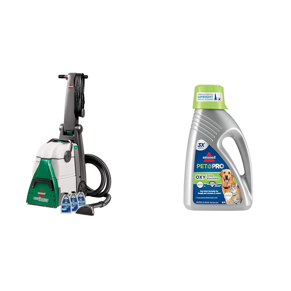 BISSELL® Big Green® Professional Carpet Cleaner with XL DirtLifter PowerBrush, 9-inch Long Reach Hose, 6-inch Tough Stain Tool + Bissell Professional Pet Carpet Cleaner Shampoo, 48 Ounce, Silver