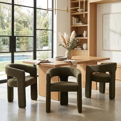 Image of HNY Modern Barrel Kitchen & Dining Room Chairs Set of 3, Sherpa Upholstered Accent Chairs with Arm, 18.5'' Wide Side Armchairs Vanity Chairs for Living Room Bedroom Makeup Small Spaces, Green