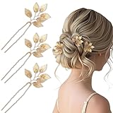 3PCS Gold Leaf Hair Pins U-Shaped Wedding Hair Accessories for Women and Girls, Bride Gold Hair Clips Leaf Headpiece for Bridesmaids, Prom, Party Updo Styling
