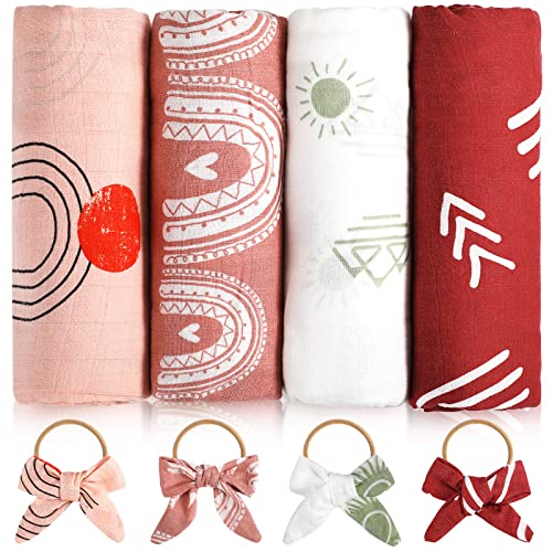 Image of Tatuo 8 Pcs Baby Receiving Blanket Cotton 47 x 47 Inches Muslin Swaddle Blankets 4 Headband 4 Baby Swaddle for Newborns Accessories Set Breathable Soft Flamingo Blankets(Boho Rainbow)