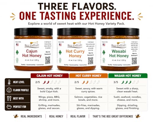 Bee Great Hot Honey Trio Variety Pack Gift Box – Cajun, Curry & Wasabi – Sweet Heat from the Hive – 3×8 oz Small-Batch Gourmet Gift Set - Image 3