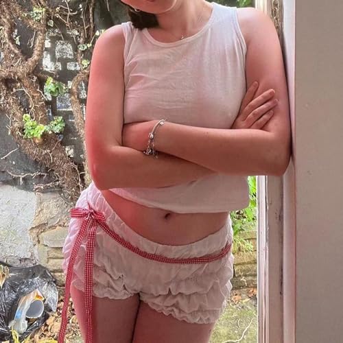 Image of Yuemengxuan Women Y2k Ruffle Shorts Ruched Plaid Shorts Micro Shorts Pajama Bottoms Y2k Cute Fairy Lace Edge Pettipants