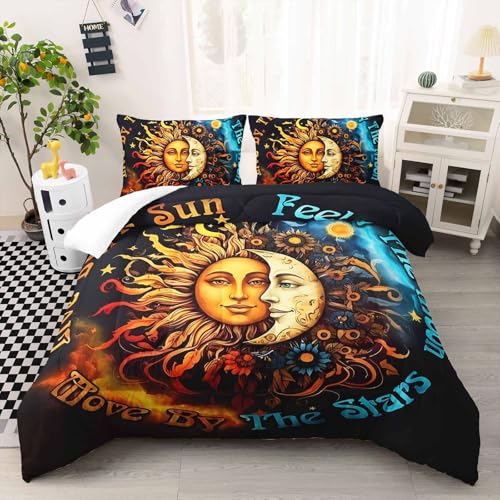Image of AILONEN Sun Moon Comforter Set Queen Size, Boho Style Bedding Set for Kids Girls Boys,Bohemian Sunflowers and Stars Bed in a Bag,3 Pieces, 1 Quilt and 2 Pillowcases