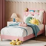 IDEALHOUSE Twin Bed Frames, Upholstered Platform Bed Frame with Bookcase Headboard, Velvet Platform Bed Mattress Foundation, Heavy Duty Steel Support Legs, Easy Assembly, Noise Free, Light Pink