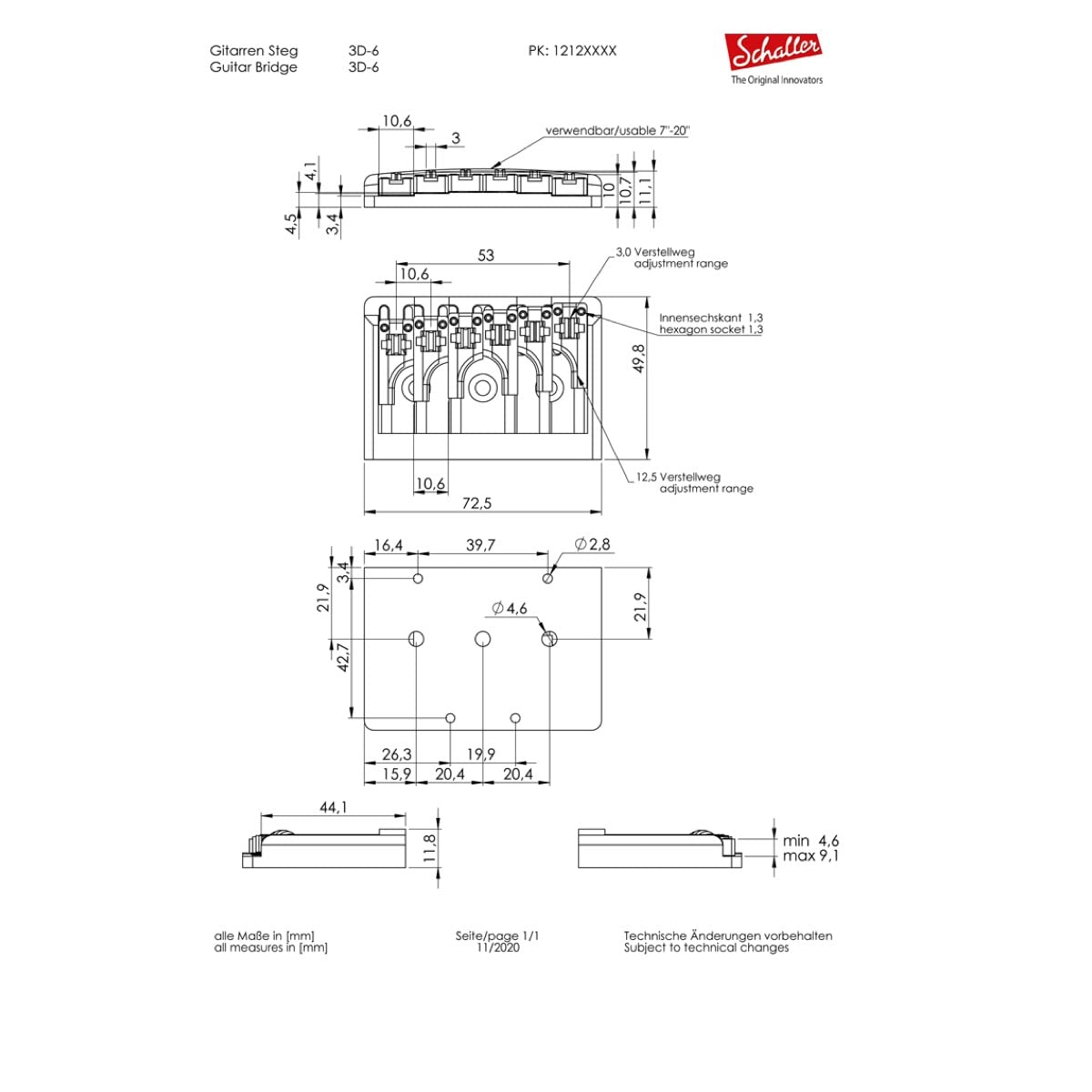 Amazon.com: Schaller Flatmount Bridge 3D-6 with Adjustable