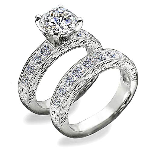 Venetia Supreme Realistic 1.5 or 2 Carats Art Decor Hearts and Arrows Cut Simulated Diamond Ring Band Set Vintage Victorian Style cz (6, 2)