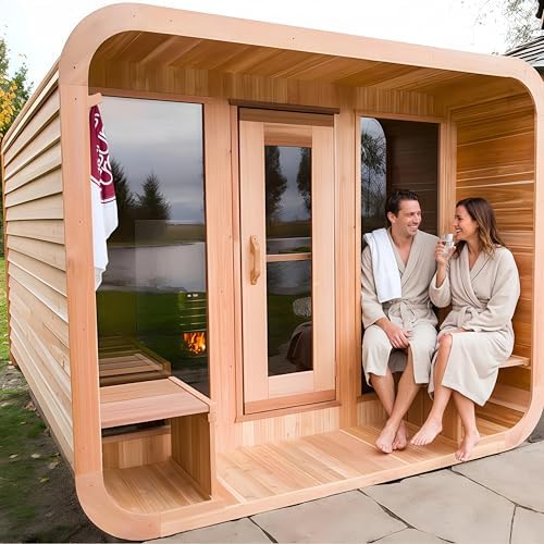 AURGOD Customize Outdoor Sauna 4-8 Person, Canadian Pine, Hemlock, Red Cedar Sauna, with Porch Option, Glass Window Option, Wood Burning Stove or Harvia Heater, Extra Large Home Sauna (0-195 °F)