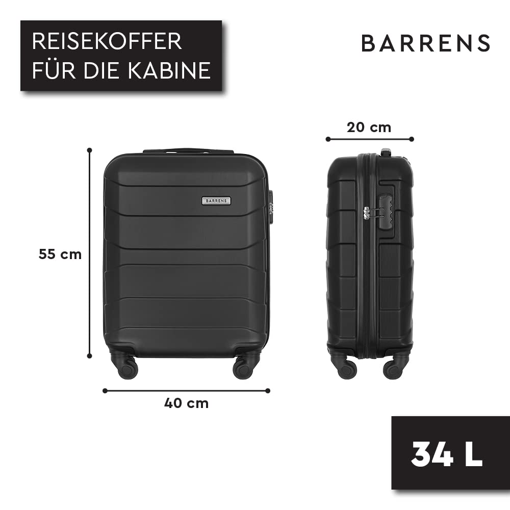 BARRENS Valigia Bagaglio a Mano 55x40x20 cm- Trolley Cabina Rigido in ABS - 4 Ruote 360° - Piccola Valige Cabin Size 34 L (Nero)