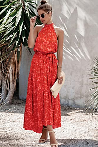 Image of PRETTYGARDEN Women's Halter Neck Floral Long Maxi Dress Casual Sleeveless Backless Dresses Loose Ruffle Sundress with Belt