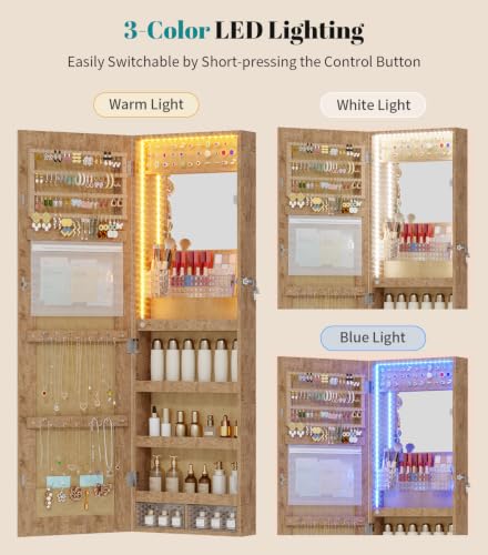Image of Vlsrka LED Mirror Jewelry Cabinet, Over Door /Wall Mounted Jewelry Organizer