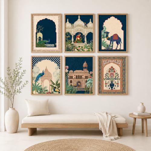 Image of Artsense Royal Mughal Botanical Wall Art Set of 6 | Peacock Palace Arch Floral Heritage Decorative Paintings | Traditional Indian Gallery Wall Decor for Living Room Bedroom Office