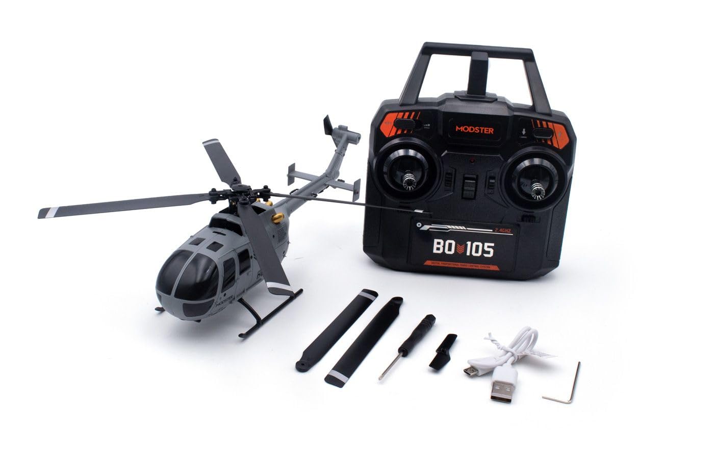 MODSTER BO-105 Flybarless RC elicottero I 256 mm I RTF RC elicottero con stabilizzazione a 6 assi, avvio/atterraggio auto, grigio