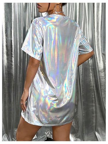 SHENHE Women's Y2k Shiny Holographic Short Sleeve Metallic Party Disco Oversized Tshirt Dress3