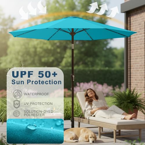 Image of 9' Solar LED Patio Umbrella with Tilt & Crank|8 Sturdy Ribs,UV Protection,Outdoor Market Table Umbrella for Deck,Lawn,Pool,Backyard(Light Blue)