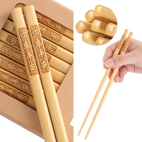 SEMORK 5 Pairs Bamboo Chopsticks Reusable, Dishwasher Safe, Japanese & Chinese Style,Chop Sticks Non-Slip Blessing 9.5in(Year-Round Peace,5Pairs)