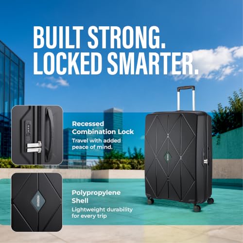 Image of American Tourister Qubiz | Check-in Trolley Bag (68 cm) | 360 8 Wheel Travel Luggage | Hard Case Polypropylene Suitcase | Recessed Combination Lock | Black /Dark Olive