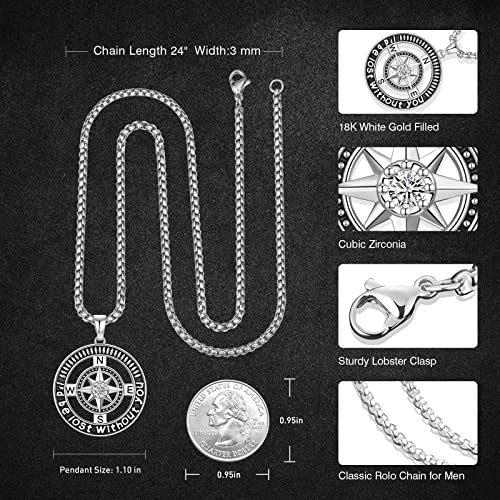Men's Necklace, Compass Necklace For Men Anniversary Neckalces For Him, Fathers Day For Dad Husband Or Son, Compass Pendants Chain Sterling Silver Necklace Birthday, Christmas, Valentine's Gift For Husaband Boyfriend (Rolo Chain 24 Inches) #TOP4