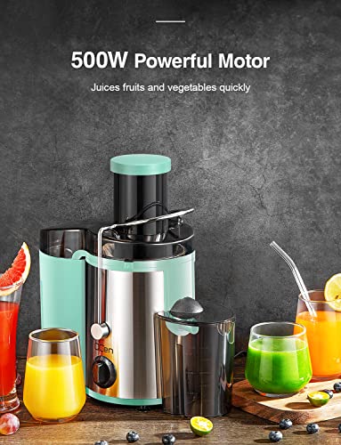 QCen Juicer Machine, 500W Centrifugal Juicer Extractor with Wide Mouth 3” Feed Chute for Fruit Vegetable, Easy to Clean, Stainless Steel, BPA-free (Aqua)
