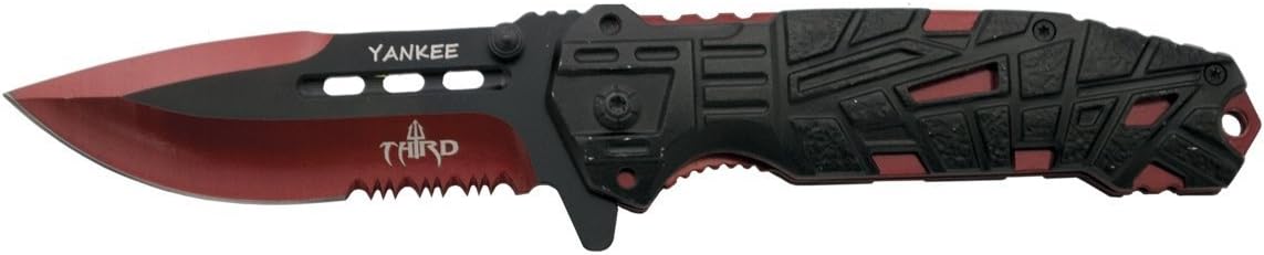THIRD Yankee Folding Knife K2796RDS, Black Aluminium Handle with Holes, Stainless Steel Blade 10.5 cm Black with Anodized Cutting in red with Saw Blade. with Sheath. with Clip