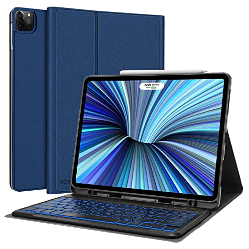 SENGBIRCH Clavier iPad Pro 12.9, Clavier Rétroéclairé avec Support Pencil Charging, Coque Clavier iPad Pro 12.9 5e 4e 3e Génération, Détachable sans Fil Clavier iPad Pro 12.9 2021 AZERTY, Bleu