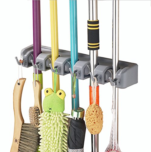 DASTAR8482; Broom Mop Holder Organizer, 5 position with 6 hooks garage storage Holds up to 11 Tools (5 position)