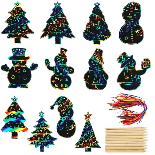 96uds Papeles para Rascar Navidad, Adornos Navideños para Rascar Arcoíris Bricolaje Creativo Christmas Scratch Papers con Palo Madera y Cinta para Decoración de Árbol de Navidad para Niños