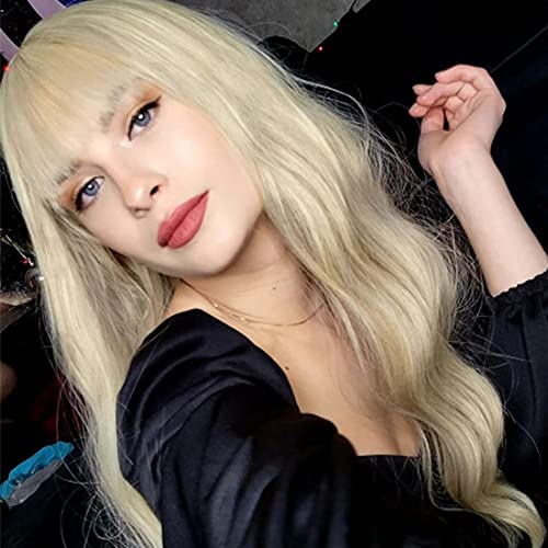 Nigteye Blonde Wig with Bangs for Women Long Blonde Wavy Wig with Bangs for Women Brunette Wigs Heat Resistant Fiber Synthetic Hair Blonde Wigs