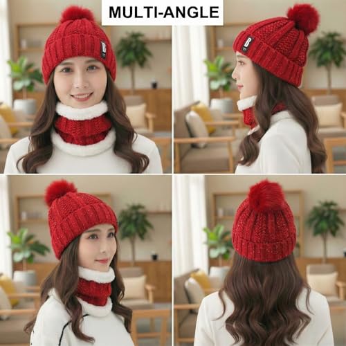 Image of Kraptick Women's Winter Beanie Cap and Scarf Set with Soft Fleece Lining, Thick Cable Knit Woolen Cap for Ladies & Neck Warmer for Extreme Cold Stylish Pom Pom Hat & Scarf Set -7