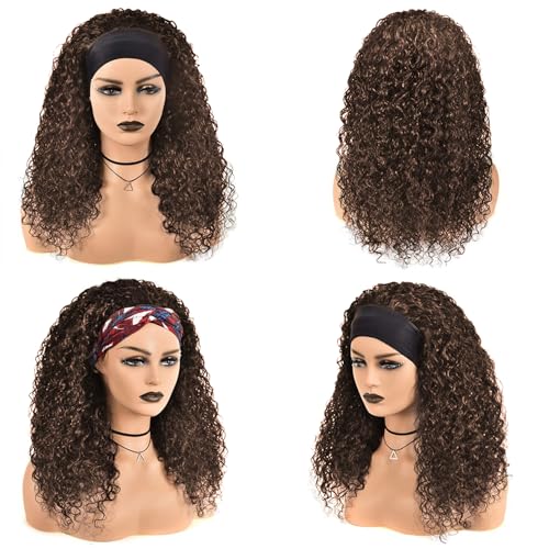 Image of Chocolate Brown Deep Wave Headband Wig Human Hair Curly for Women 16 Inch | #4 Colored, Glueless, 150% Density, None Lace Front, Brazilian Virgin, Machine Made