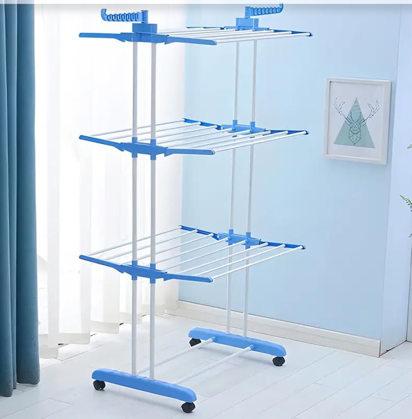 Stendibiancheria Verticale a 3 Livelli con Ruote – Stendino Salvaspazio Richiudibile in Acciaio, Pieghevole e Portatile, con Bracci Laterali per Appendini – Per Interno ed Esterno