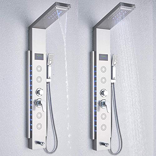 Columna de Ducha LED con Panel de Acero Inoxidable, Sistema de Ducha con Pantalla de Temperatura, Cabezal Lluvia y Duchador de Mano miniatura 1